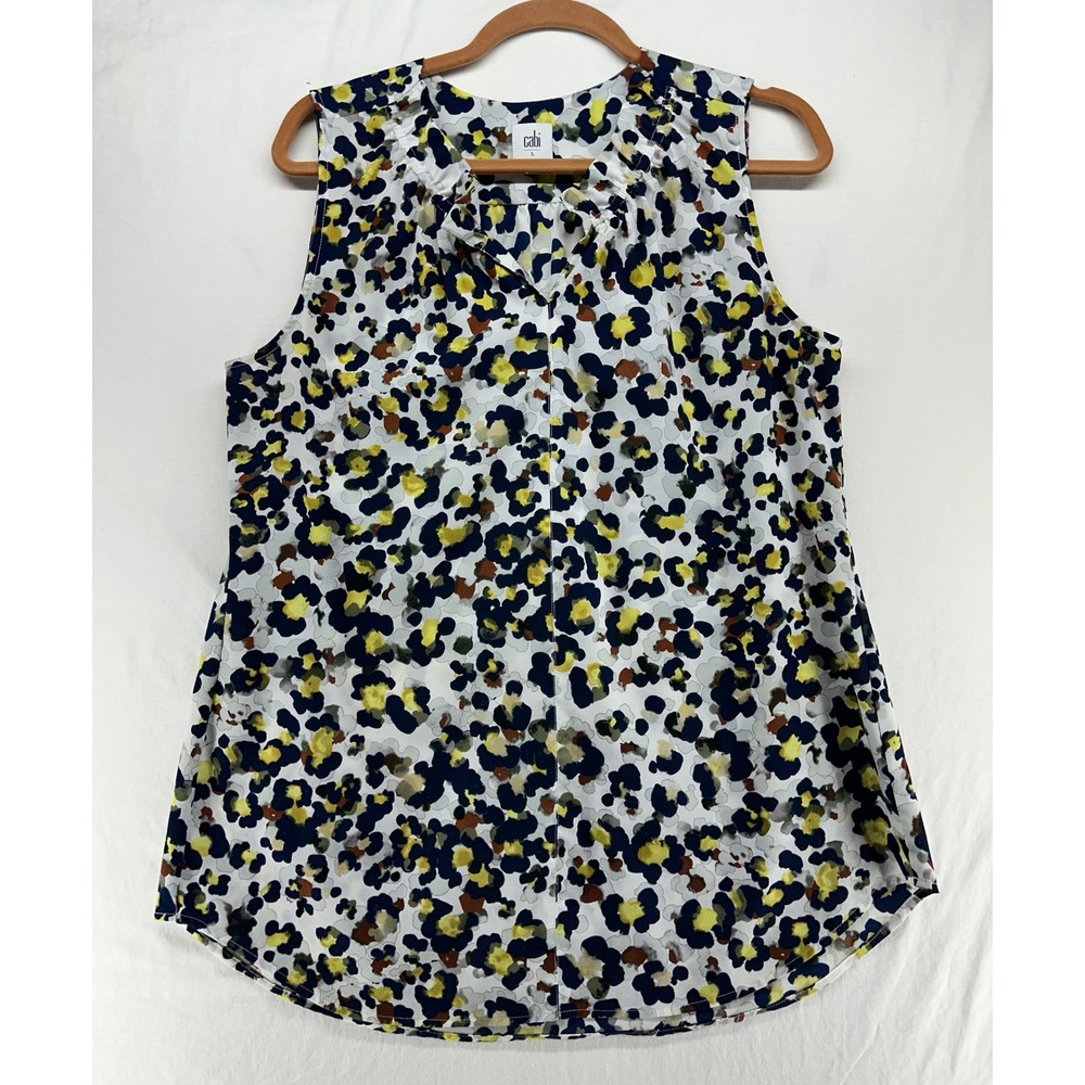 Cabi Womens Abstract Floral Animal Ruffle Neck Sleeveless Blouse Yellow Navy L